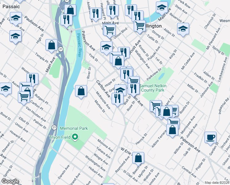 map of restaurants, bars, coffee shops, grocery stores, and more near 41 Grant Street in East Rutherford