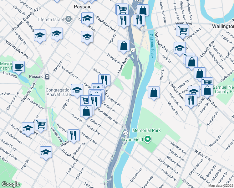 map of restaurants, bars, coffee shops, grocery stores, and more near 37 Westervelt Place in Passaic