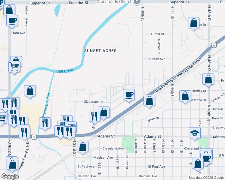 map of restaurants, bars, coffee shops, grocery stores, and more near 3700 Cornhusker Highway in Lincoln