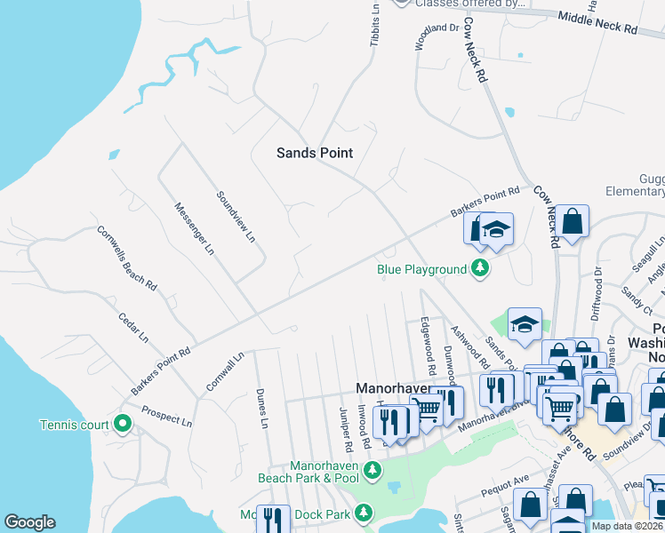 map of restaurants, bars, coffee shops, grocery stores, and more near 33 Barkers Point Road in Sands Point