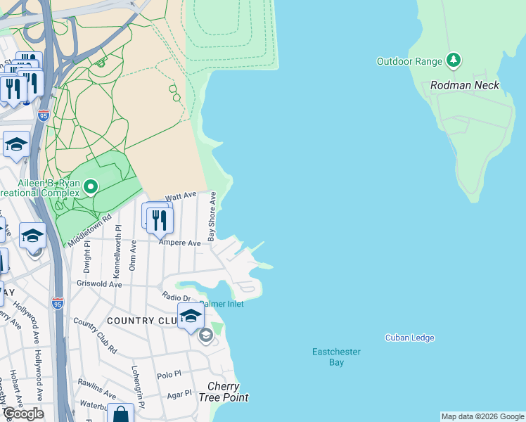 map of restaurants, bars, coffee shops, grocery stores, and more near 1600-1698 Bay Shore Avenue in Bronx