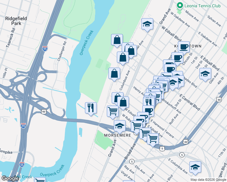 map of restaurants, bars, coffee shops, grocery stores, and more near 41 Prospect Street in Palisades Park
