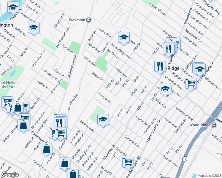 map of restaurants, bars, coffee shops, grocery stores, and more near 72 10th Street in Wood-Ridge