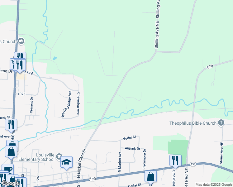 map of restaurants, bars, coffee shops, grocery stores, and more near 5210 Nickel Plate Avenue Northeast in Louisville