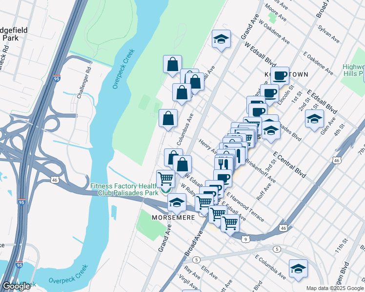 map of restaurants, bars, coffee shops, grocery stores, and more near 139 Columbus Avenue in Palisades Park
