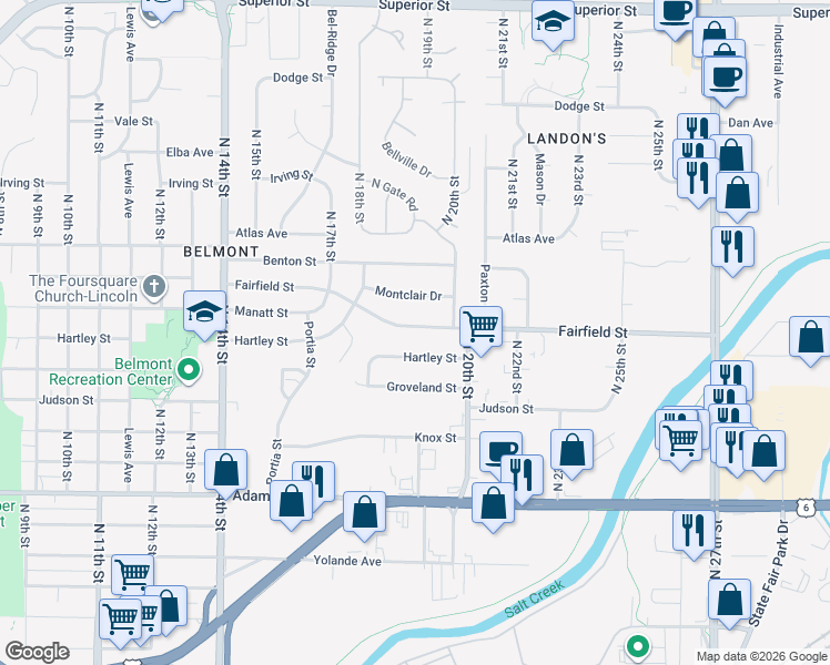 map of restaurants, bars, coffee shops, grocery stores, and more near 1905 Fairfield Street in Lincoln