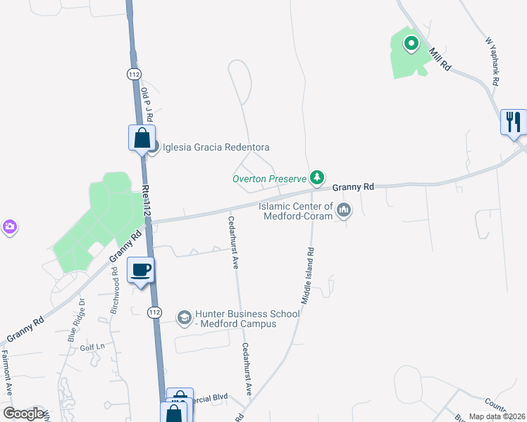 map of restaurants, bars, coffee shops, grocery stores, and more near 372 Granny Road in Medford