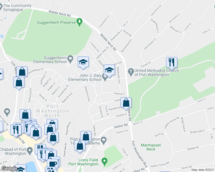map of restaurants, bars, coffee shops, grocery stores, and more near 36 Rockwood Avenue in Port Washington