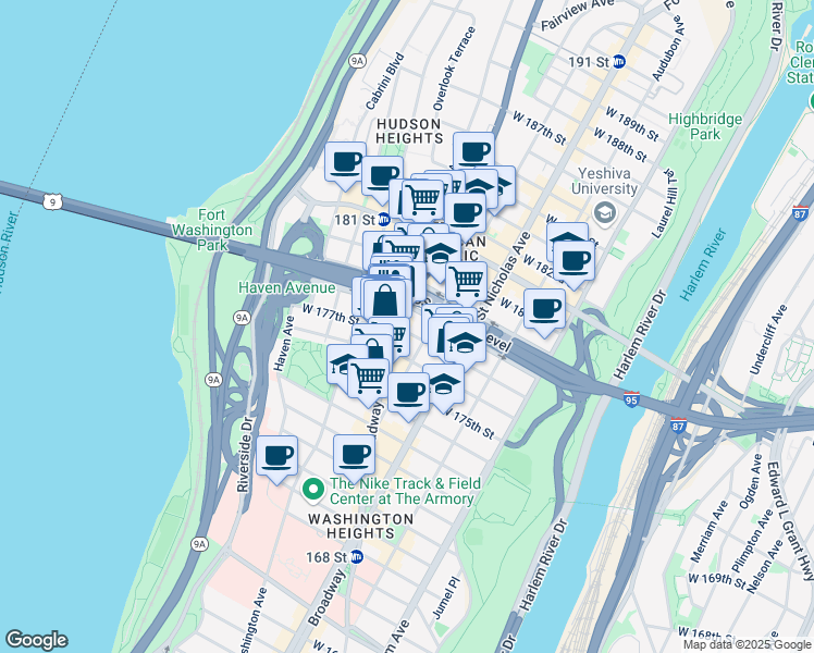 map of restaurants, bars, coffee shops, grocery stores, and more near 667 West 177th Street in New York
