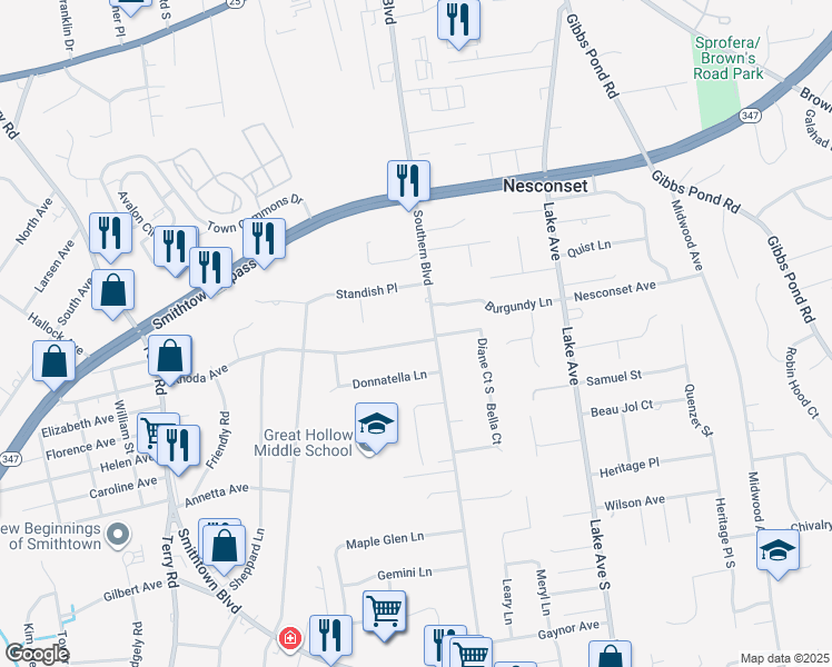 map of restaurants, bars, coffee shops, grocery stores, and more near 106A Southern Boulevard in Nesconset