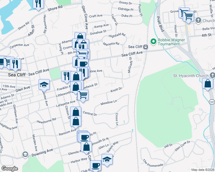 map of restaurants, bars, coffee shops, grocery stores, and more near 18 Alex Lane in Glen Cove