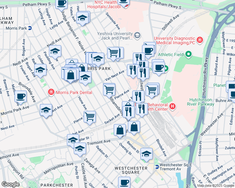 map of restaurants, bars, coffee shops, grocery stores, and more near 1610 Yates Avenue in Bronx