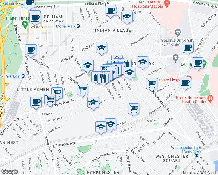 map of restaurants, bars, coffee shops, grocery stores, and more near 1731 Paulding Avenue in Bronx