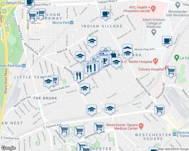 map of restaurants, bars, coffee shops, grocery stores, and more near 959 Morris Park Avenue in The Bronx