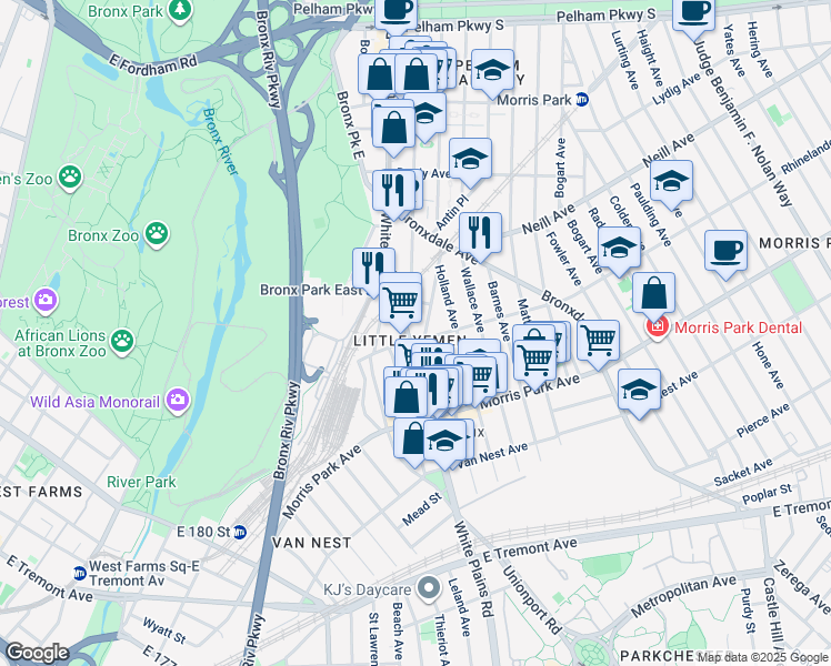 map of restaurants, bars, coffee shops, grocery stores, and more near 1908 Hunt Avenue in Bronx