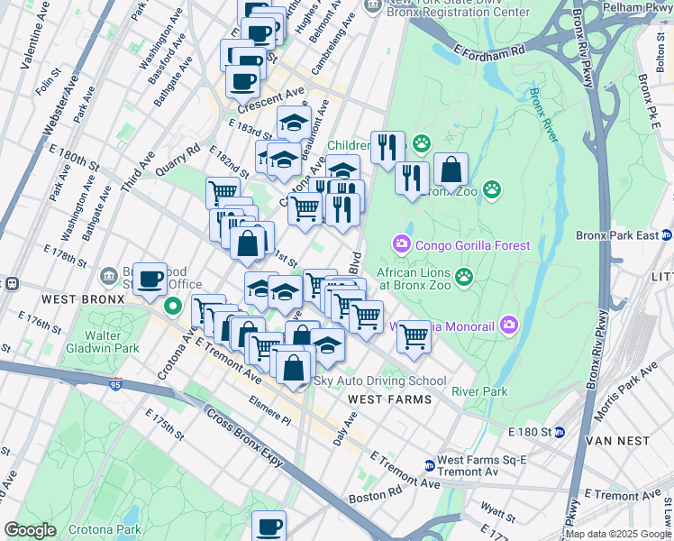 map of restaurants, bars, coffee shops, grocery stores, and more near 2154 Mapes Avenue in The Bronx