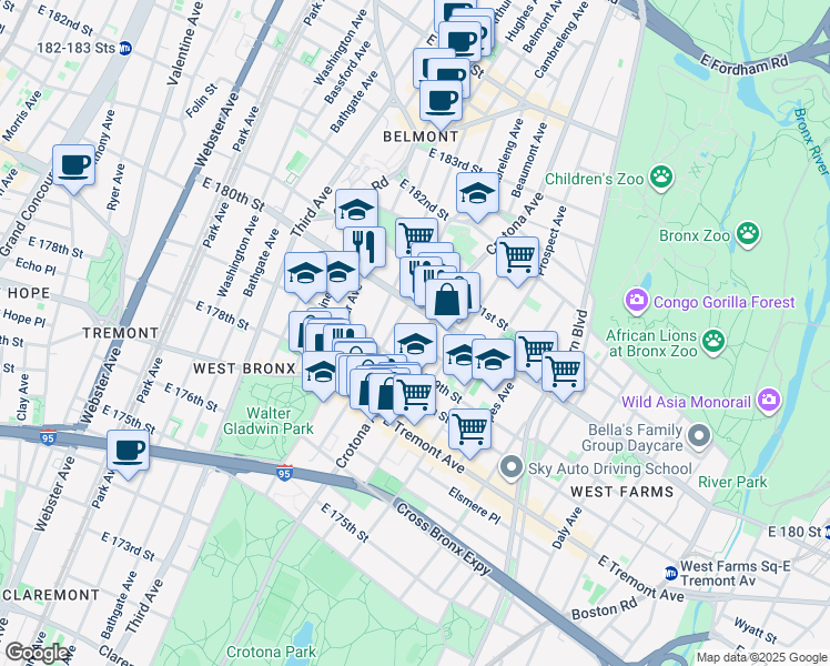 map of restaurants, bars, coffee shops, grocery stores, and more near 2072 Belmont Avenue in Bronx