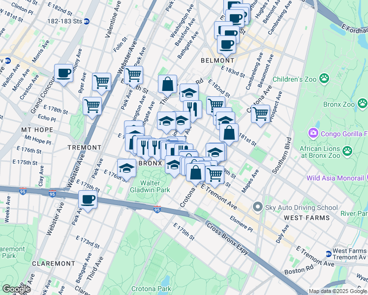 map of restaurants, bars, coffee shops, grocery stores, and more near 2026 Lafontaine Avenue in Bronx