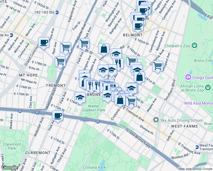 map of restaurants, bars, coffee shops, grocery stores, and more near 2026 Lafontaine Avenue in Bronx