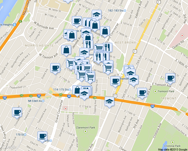 map of restaurants, bars, coffee shops, grocery stores, and more near in Bronx