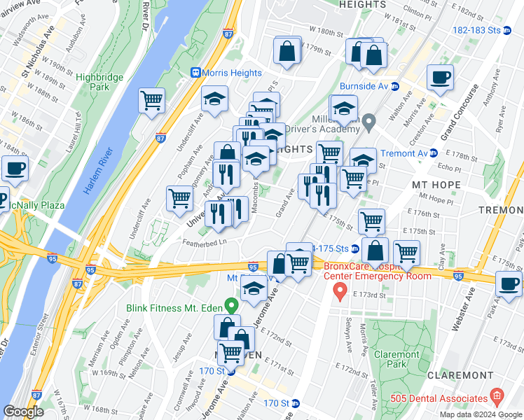 map of restaurants, bars, coffee shops, grocery stores, and more near 1674 Macombs Road in The Bronx
