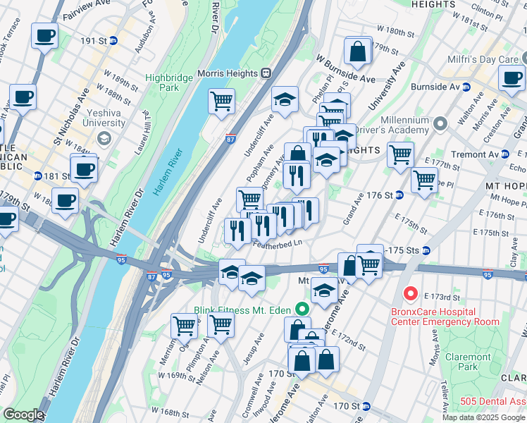 map of restaurants, bars, coffee shops, grocery stores, and more near in The Bronx