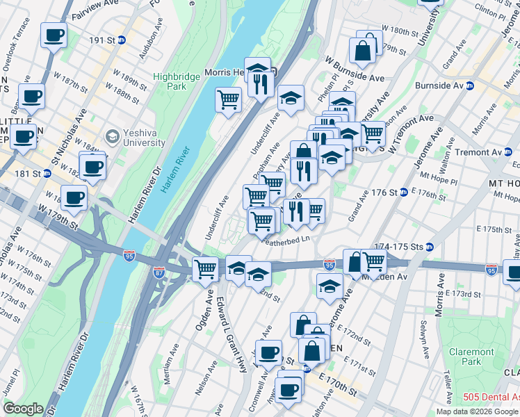 map of restaurants, bars, coffee shops, grocery stores, and more near in The Bronx