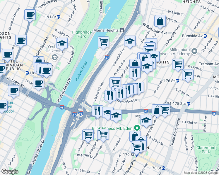 map of restaurants, bars, coffee shops, grocery stores, and more near 1500 Popham Avenue in Bronx