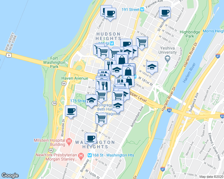 map of restaurants, bars, coffee shops, grocery stores, and more near West 178th Street in New York