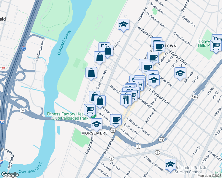 map of restaurants, bars, coffee shops, grocery stores, and more near 90 Henry Avenue in Palisades Park