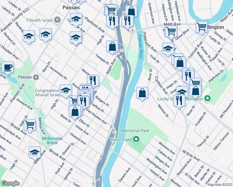 map of restaurants, bars, coffee shops, grocery stores, and more near 31 Aycrigg Avenue in Passaic