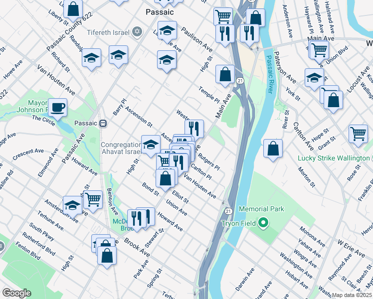 map of restaurants, bars, coffee shops, grocery stores, and more near 26 Ascension Street in Passaic