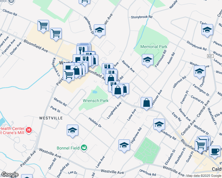 map of restaurants, bars, coffee shops, grocery stores, and more near 672 Bloomfield Avenue in West Caldwell