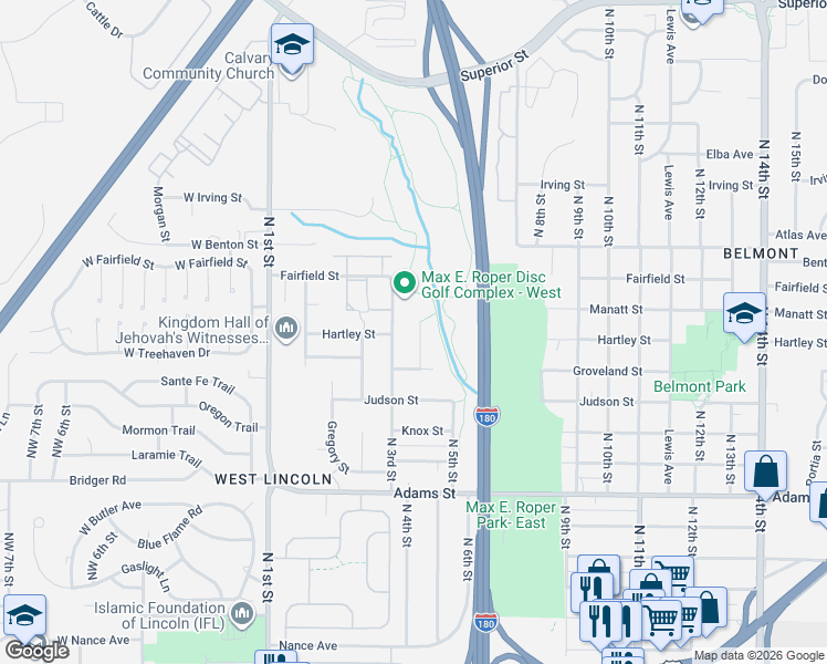 map of restaurants, bars, coffee shops, grocery stores, and more near 3620 North 4th Street Court in Lincoln