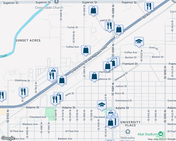 map of restaurants, bars, coffee shops, grocery stores, and more near 3500 North 44th Street in Lincoln