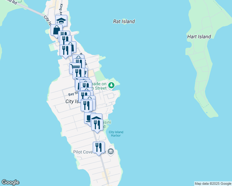 map of restaurants, bars, coffee shops, grocery stores, and more near 27 Island Point in Bronx