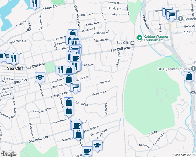 map of restaurants, bars, coffee shops, grocery stores, and more near 18 Alex Lane in Glen Cove
