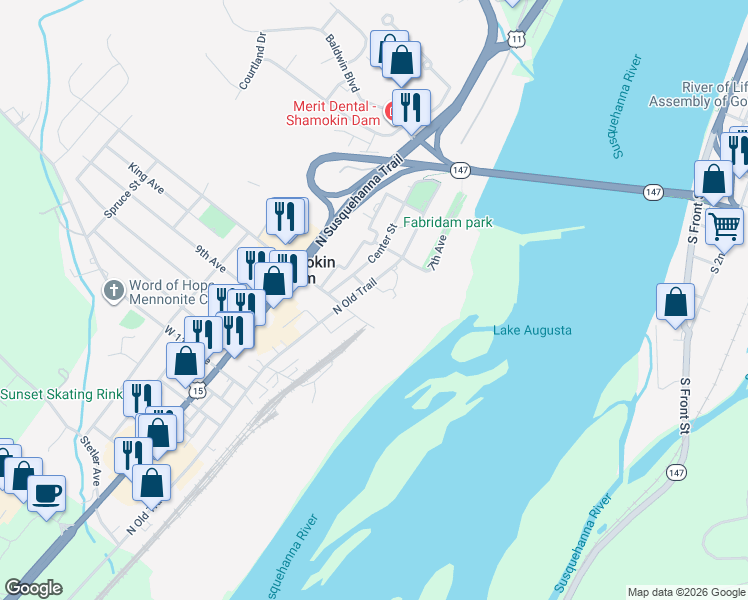 map of restaurants, bars, coffee shops, grocery stores, and more near 3486 North Old Trail in Shamokin Dam