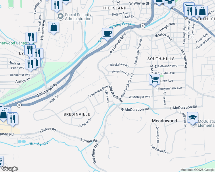 map of restaurants, bars, coffee shops, grocery stores, and more near 100 Grandview Boulevard in Butler