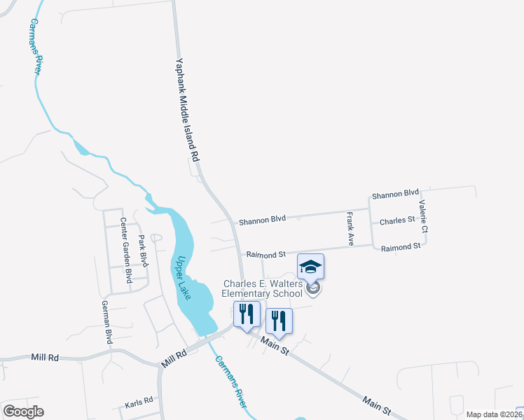 map of restaurants, bars, coffee shops, grocery stores, and more near 409 Shannon Boulevard in Yaphank