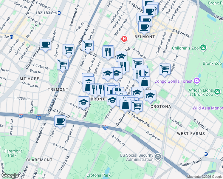map of restaurants, bars, coffee shops, grocery stores, and more near 2026 Lafontaine Avenue in Bronx