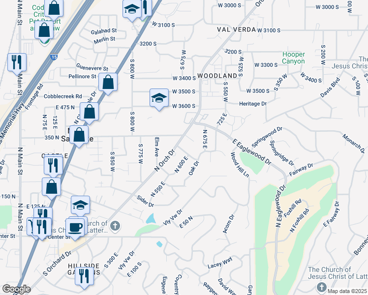 map of restaurants, bars, coffee shops, grocery stores, and more near 575 Oakleaf Drive in North Salt Lake