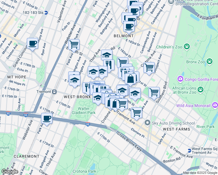 map of restaurants, bars, coffee shops, grocery stores, and more near 623 East 179th Street in Bronx