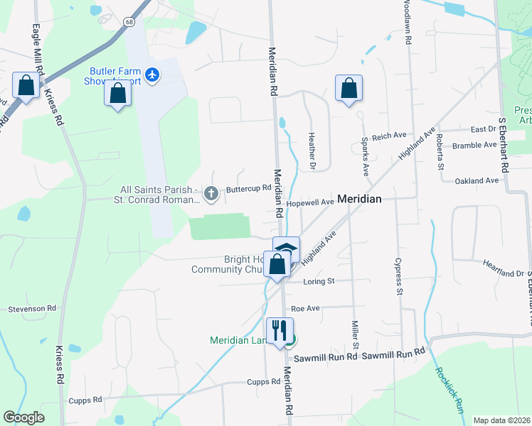 map of restaurants, bars, coffee shops, grocery stores, and more near 274 Meridian Road in Meridian