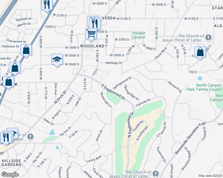 map of restaurants, bars, coffee shops, grocery stores, and more near 801 East Eaglewood Drive in North Salt Lake