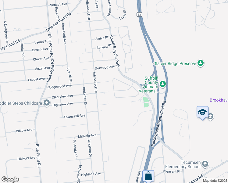 map of restaurants, bars, coffee shops, grocery stores, and more near 172 Overlook Drive in Farmingville