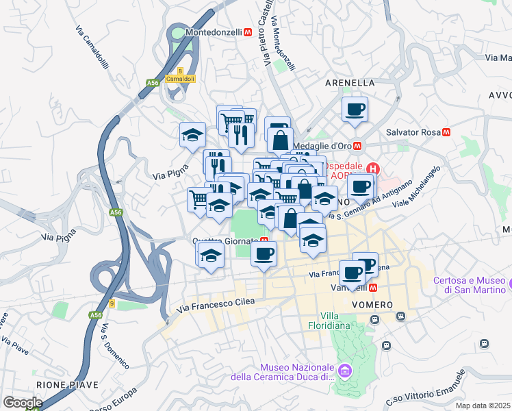 map of restaurants, bars, coffee shops, grocery stores, and more near 5 Via Gioacchino Rossini in Naples