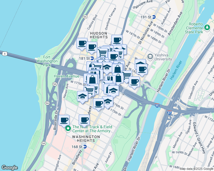 map of restaurants, bars, coffee shops, grocery stores, and more near 620 West 178th Street in New York