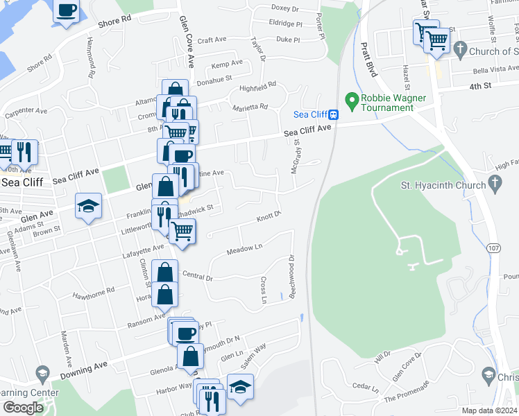 map of restaurants, bars, coffee shops, grocery stores, and more near 6 Alex Lane in Glen Cove