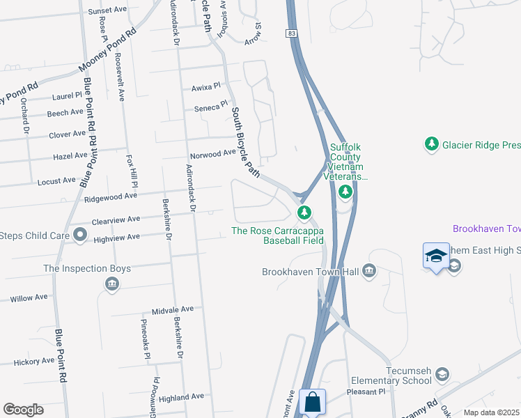 map of restaurants, bars, coffee shops, grocery stores, and more near 114 Overlook Drive in Farmingville